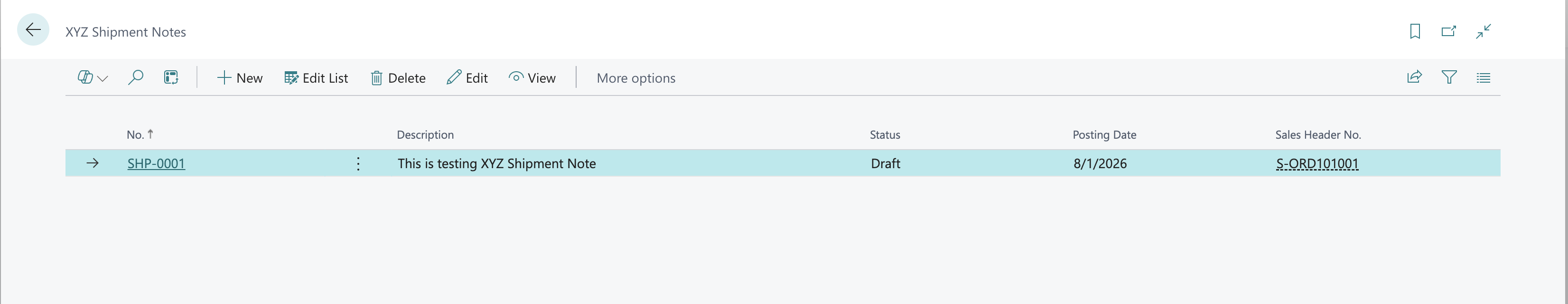 XYZ Shipment Notes List View